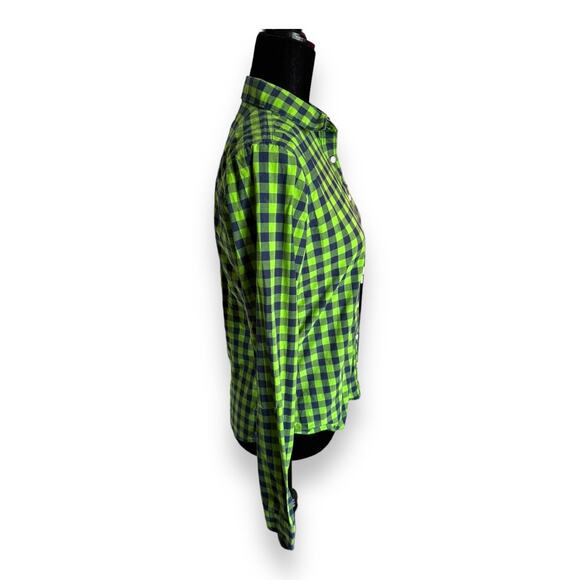 Hollister Womens Blouse Sz M Lime Green Blue Check Long Sleeve Button Up Cotton - Picture 5 of 9
